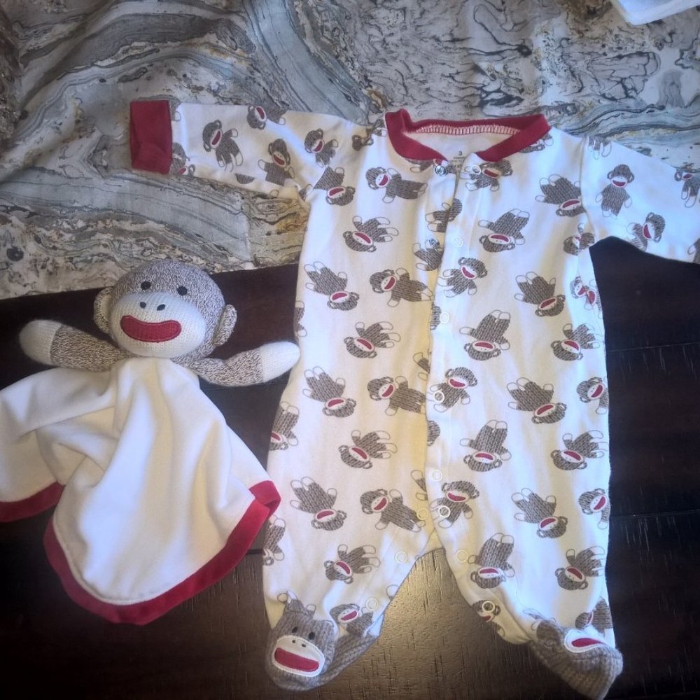Sock Monkey 3 month onesie and luvee rattle duo